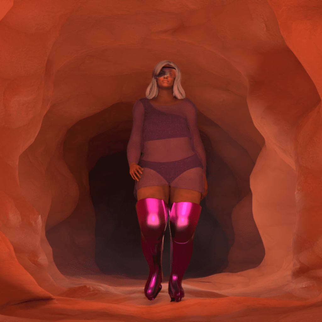 Se observa la portada de la campaña del 8M. Sobre un fondo de tierra se encuentra la imagen de una mujer de talla más ancha. Tiene el pelo blanco largo y liso. Lleva gafas grandes moradas con un top y un pantie del mismo color y un vestido de transparencia encima. Sus botas son rosa fucsia.