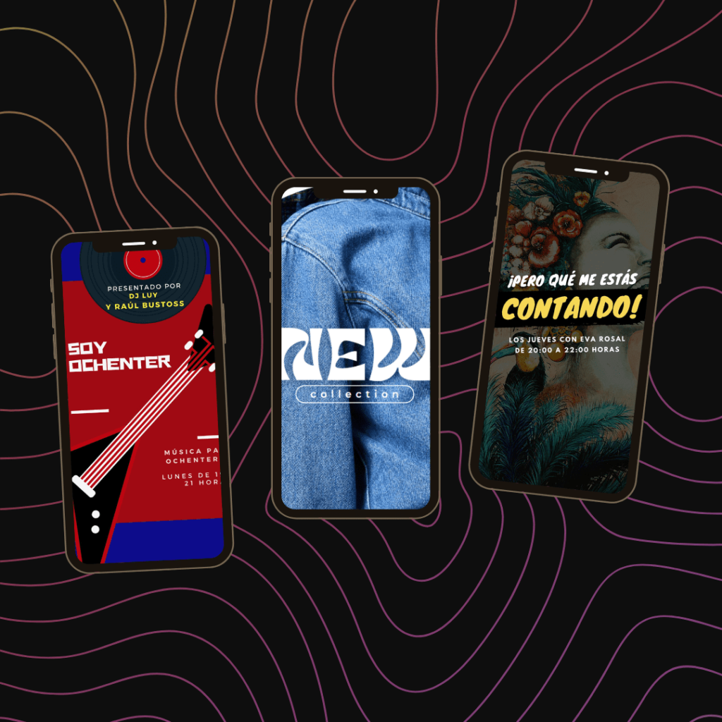 3 Imagen de portada con imágenes de Onda Capital. Sobre un fondo negro con líneas onduladas de color rosa, se observan tres móviles. El de la izquierda tiene una imagen roja y azul con una guitarra negra y el texto Soy ochenter. El segundo móvil tiene la imagen de una cazadora vaquera. El tercer móvil tiene la imagen de una chica riéndose con las letras ¡Pero qué me estás contando!