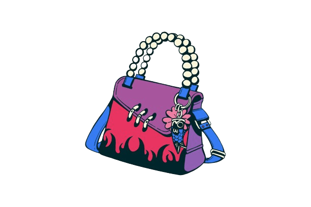 Un bolso morado, con la parte delantera inferior rosa decorada con llamas negras. El asa larga es azul, mientras que el asa corta son perlas blancas. La imagen es la portada de la página Periodismo de la web.
