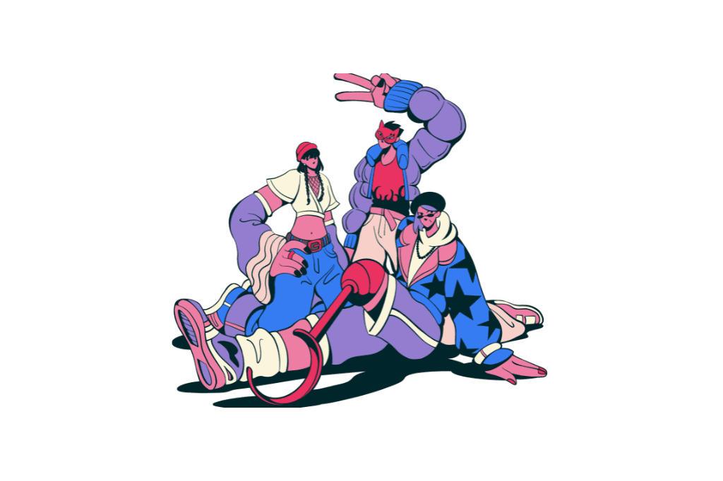 Portada del apartado Marketing Digital. Se observa tres chicos con tops blancos, pantalones anchos rosas y gorros de colores. La chica de la derecha tiene una pierna de metal rosa.