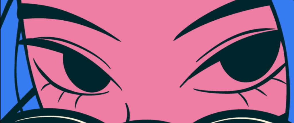 Se observa el dibujo de una parte del rostro de una chica con piel rosa y ojos negros. Tiene el pelo azul. Lleva gafas de sol negras con líneas blancas, bajadas para que se le vean los ojos.