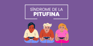 Sobre un fondo morado se observa el título Síndrome de la pitufina blanca en la parte superior. Debajo de este título, hay dos chicos y una chica jugando a la play apoyados en un cojín. El chico de la izquierda es moreno, con el pelo negro y una camiseta blanca. Su mando es azul. El chico de en medio lleva una camiseta naranja, un mando azul y el pelo blanco. La chica es blanca, tiene el pelo rubio y una camiseta rosa.