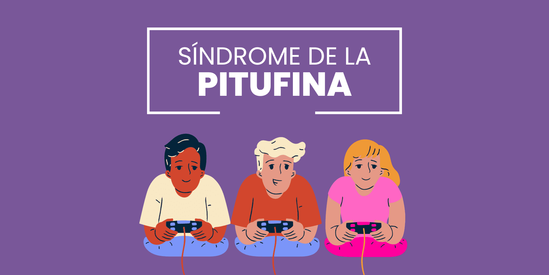 Sobre un fondo morado se observa el título Síndrome de la pitufina blanca en la parte superior. Debajo de este título, hay dos chicos y una chica jugando a la play apoyados en un cojín. El chico de la izquierda es moreno, con el pelo negro y una camiseta blanca. Su mando es azul. El chico de en medio lleva una camiseta naranja, un mando azul y el pelo blanco. La chica es blanca, tiene el pelo rubio y una camiseta rosa.