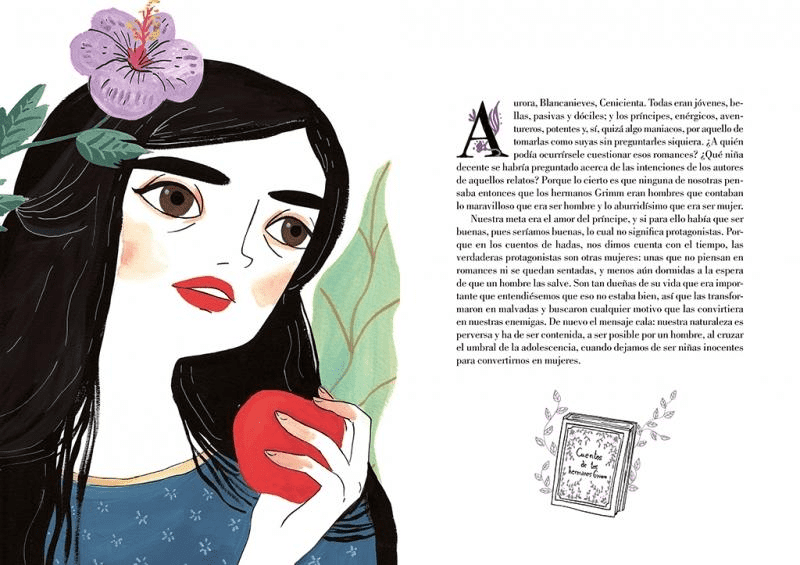 Dos de las páginas del libro Malas Mujeres. A la izquierda, una ilustración de una mujer con el pelo negro y los labios rojos sosteniendo una manzana. A la derecha el texto y, debajo de este, el dibujo de un libro cerrado.