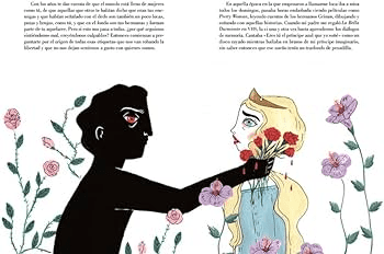 Ilustración de un libro de una mujer y un hombre en un campo. El hombre es una sombra negra con ojos rojos que agarra el cuello de la mujer con sus manos y unas flores. La mujer tiene el pelo rubio ondulado y largo, viste un vestido celeste y tiene una corona amarilla pequeña en la cabeza. Alrededor de la ilustración hay flores violetas.