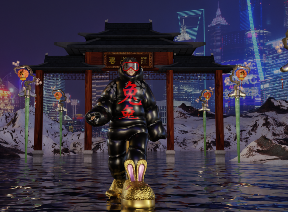 Sobre un fondo de montañas está la portada de un templo japonés. Enfrente de ella, el avatar de una chica asiática con el pelo negro y gafas grandes de pasta roja. Lleva puesto un mono negro acolchado con letras rojas japonesas en la parte del pecho. Sus zapatos son unas zapatillas doradas de conejos. La imagen es la portada de la comunicación para Union Avatars  Open Call 