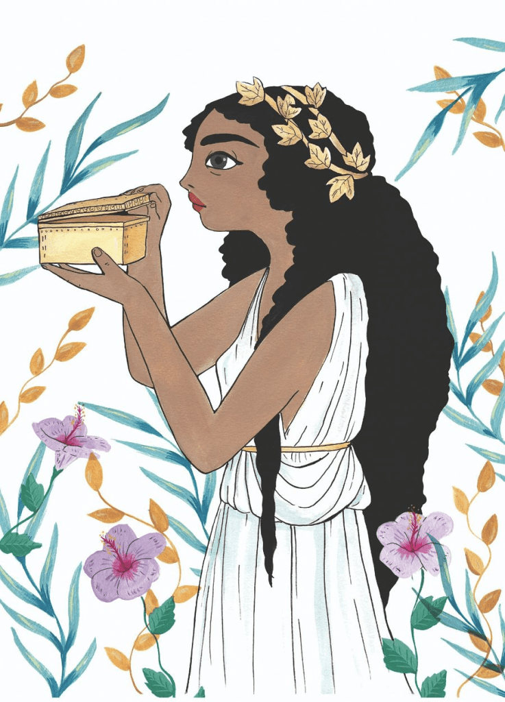 Ilustración de Pandora. Es una mujer con el pelo negro largo y rizado. Está sosteniendo una caja dorada pequeña mientras mira su interior. Lleva una toga blanca sin mangas. Alrededor de la ilustración hay flores de diferentes colores.