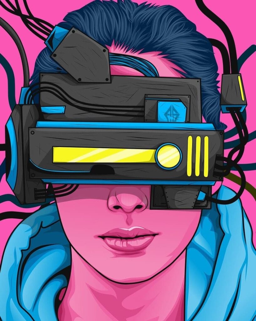 Sobre un fondo rosa, el dibujo de una chica con el pelo azul en una coleta. Tiene una sudadera celeste. Lleva en la cara un visor negro, amarillo y celeste que cubre la mitad superior de su cara. Alrededor del visor hay cables negros.