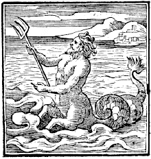 Se observa una ilustración en blanco y negro de un señor con el pelo suelto, una cola de sirena y un tridente en su mano.