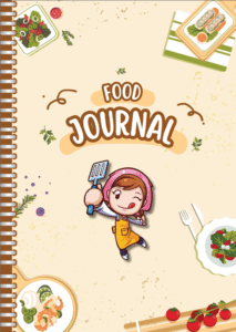 Portada de un recetario. Color de fondo rosa y en cada esquina hay un plato de comida diferente, con colores verdes y rojos. En el medio se añade el texto Food Journal. Debajo el icono de Cooking mama, una mujer con pañuelo rosa, delantal amarillo y espátula en la mano