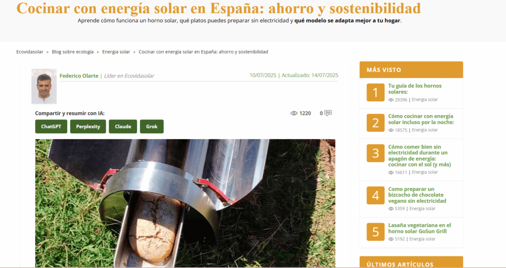 Captura del artículo del blog Ecovidasolar